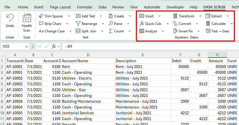 Numbers and Dates ribbon groups showing Insert, Transform, Extract, Quick Calc, Convert, Calculate, Analyze, Smart Fix, and Text to Date tools